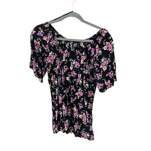 Bobeau Blouse Top Women's Size L Black Floral Off The Shoulder Neck Long Sleeve